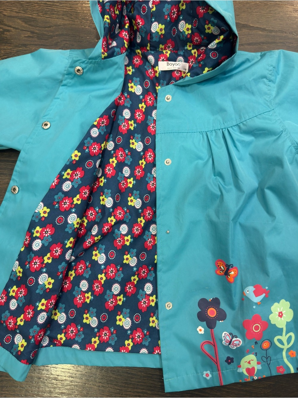 Kids Hooded Floral Raincoat - Turquoise - Picture 6 of 7